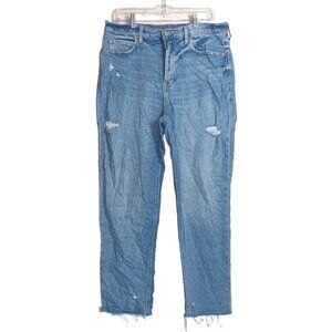 Old Navy Sky-Hi Straight Jeans Womens 14 Light Wash High Rise Distressed Raw Hem